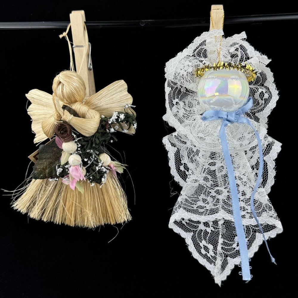 Decorative Lace Angel and Straw Angel Ornaments Floral Accents Christmas Set of